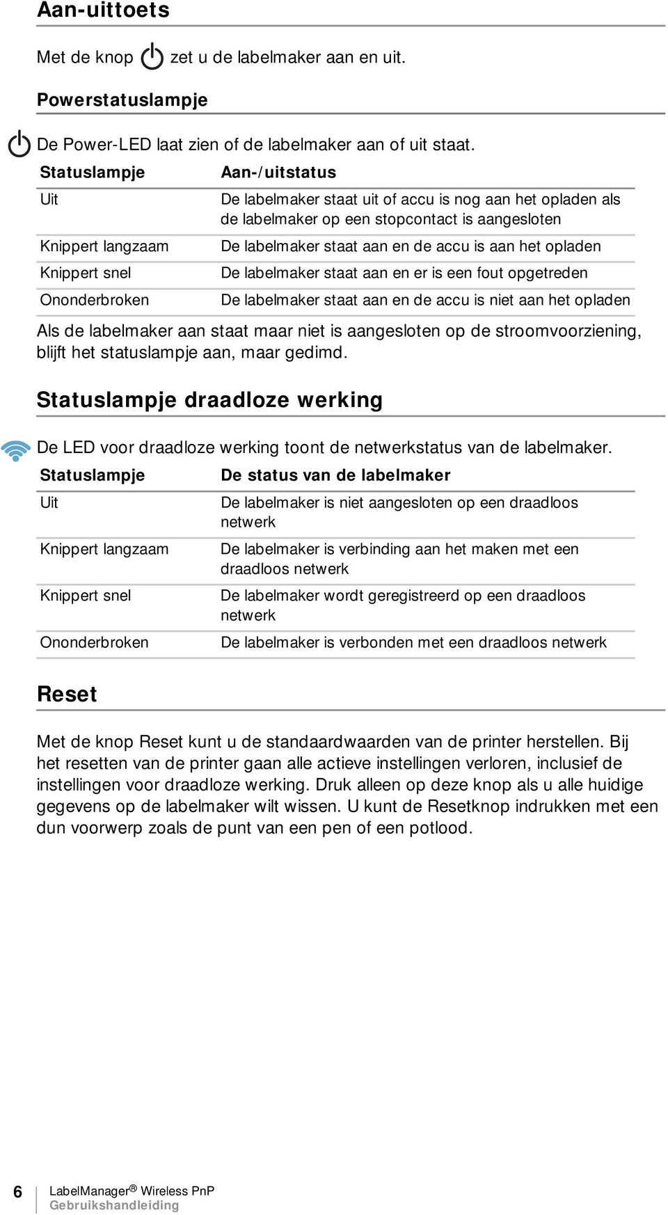 het opladen Knippert snel De labelmaker staat aan en er is een fout opgetreden Ononderbroken De labelmaker staat aan en de accu is niet aan het opladen Als de labelmaker aan staat maar niet is