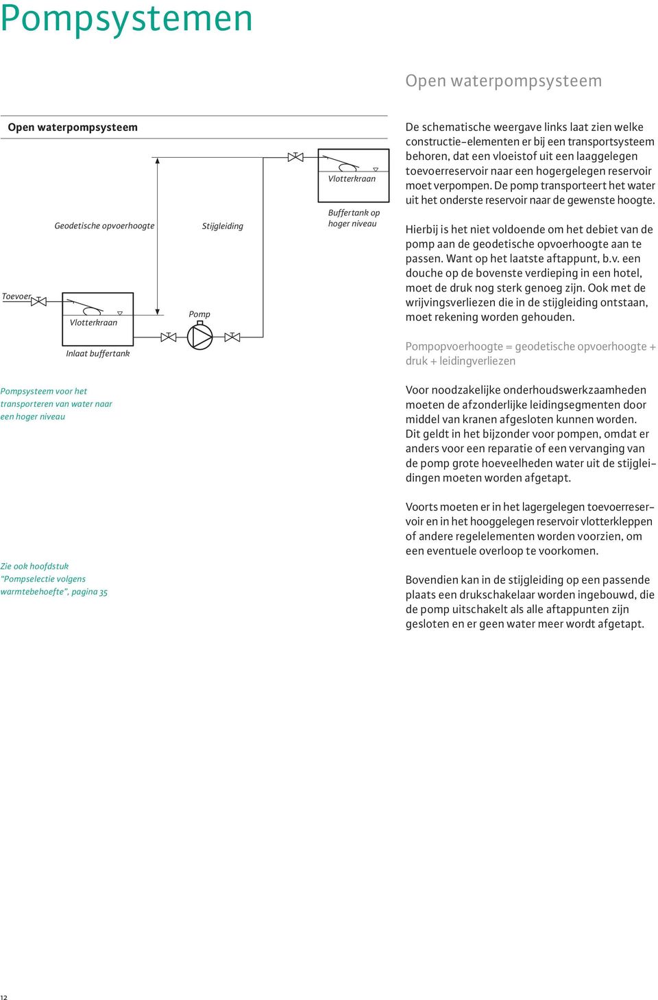 De pomp transporteert het water uit het onderste reservoir naar de gewenste hoogte. Hierbij is het niet voldoende om het debiet van de pomp aan de geodetische opvoerhoogte aan te passen.