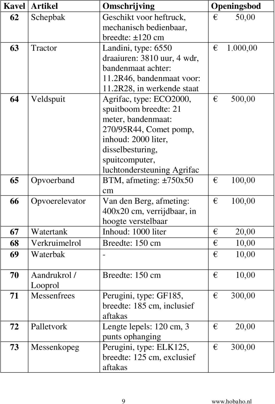 luchtondersteuning Agrifac 65 Opvoerband BTM, afmeting: ±750x50 cm 66 Opvoerelevator Van den Berg, afmeting: 400x20 cm, verrijdbaar, in hoogte verstelbaar 67 Watertank Inhoud: 1000 liter 20,00 68