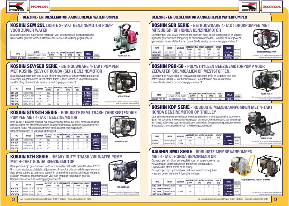 BENZINE- EN DIESEL AANGEDREVEN WATERPOMPEN KOSHIN SER SERIE - BETROUWBARE -TAKT DRUKPOMPEN MET MITSUBISHI OF HONDA BENZINE Deze pompen voor zuiver water zorgen voor een hoog debiet op hoge druk en