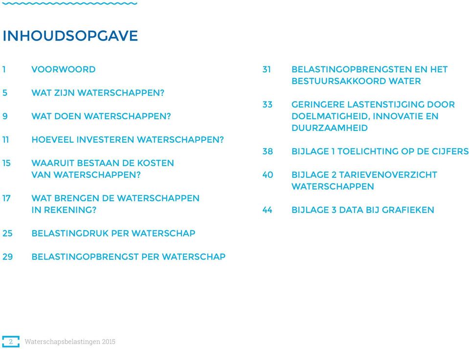 31 BELASTINGOPBRENGSTEN EN HET BESTUURSAKKOORD WATER 33 GERINGERE LASTENSTIJGING DOOR DOELMATIGHEID, INNOVATIE EN DUURZAAMHEID 38 BIJLAGE