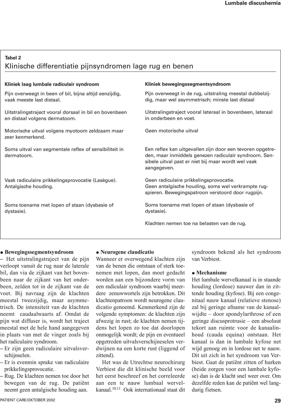 Soms uitval van segmentale reflex of sensibiliteit in dermatoom. Vaak radiculaire prikkelingsprovocatie (Lasègue). Antalgische houding. Soms toename met lopen of staan (dysbasie of dystasie).