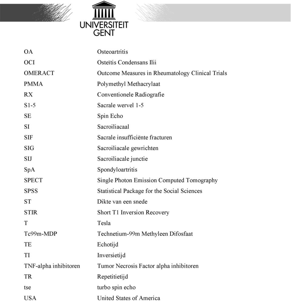 Single Photon Emission Computed Tomography SPSS Statistical Package for the Social Sciences ST Dikte van een snede STIR Short T1 Inversion Recovery T Tesla Tc99m-MDP