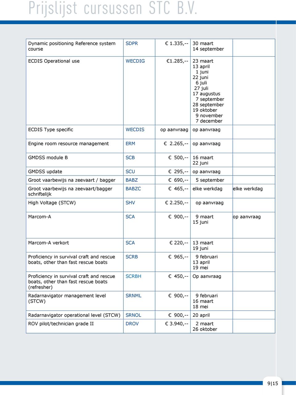 265,-- GMDSS module B SCB 500,-- 16 maart GMDSS update SCU 295,-- Groot vaarbewijs na zeevaart / bagger BABZ 690,-- 5 september Groot vaarbewijs na zeevaart/bagger schriftelijk BABZC 465,-- elke