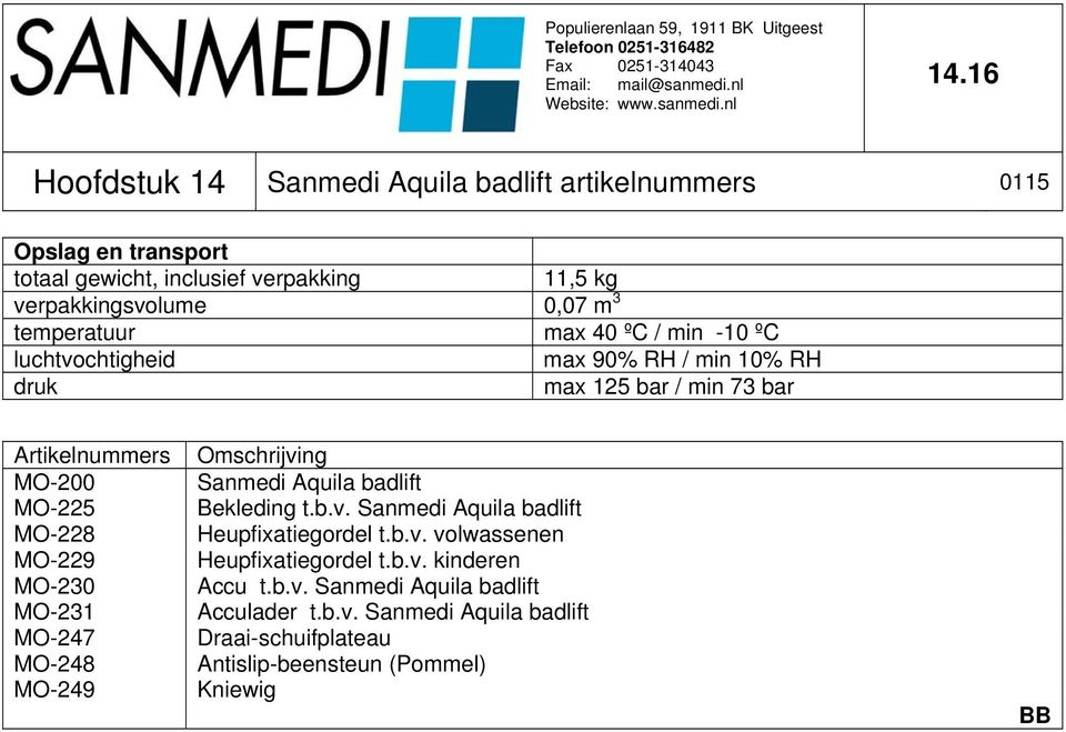 MO-230 MO-231 MO-247 MO-248 MO-249 Omschrijving Sanmedi Aquila badlift Bekleding t.b.v. Sanmedi Aquila badlift Heupfixatiegordel t.b.v. volwassenen Heupfixatiegordel t.