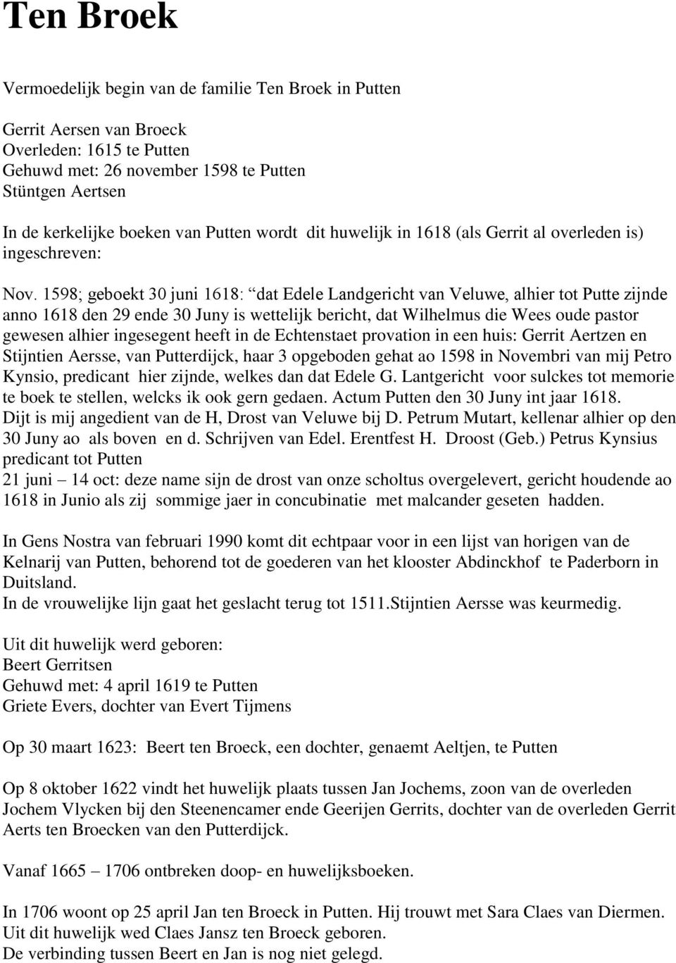 1598; geboekt 30 juni 1618: dat Edele Landgericht van Veluwe, alhier tot Putte zijnde anno 1618 den 29 ende 30 Juny is wettelijk bericht, dat Wilhelmus die Wees oude pastor gewesen alhier ingesegent