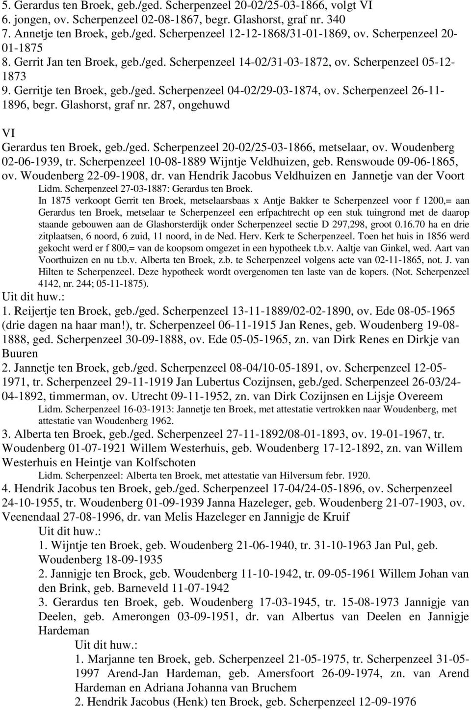 Scherpenzeel 26-11- 1896, begr. Glashorst, graf nr. 287, ongehuwd VI Gerardus ten Broek, geb./ged. Scherpenzeel 20-02/25-03-1866, metselaar, ov. Woudenberg 02-06-1939, tr.