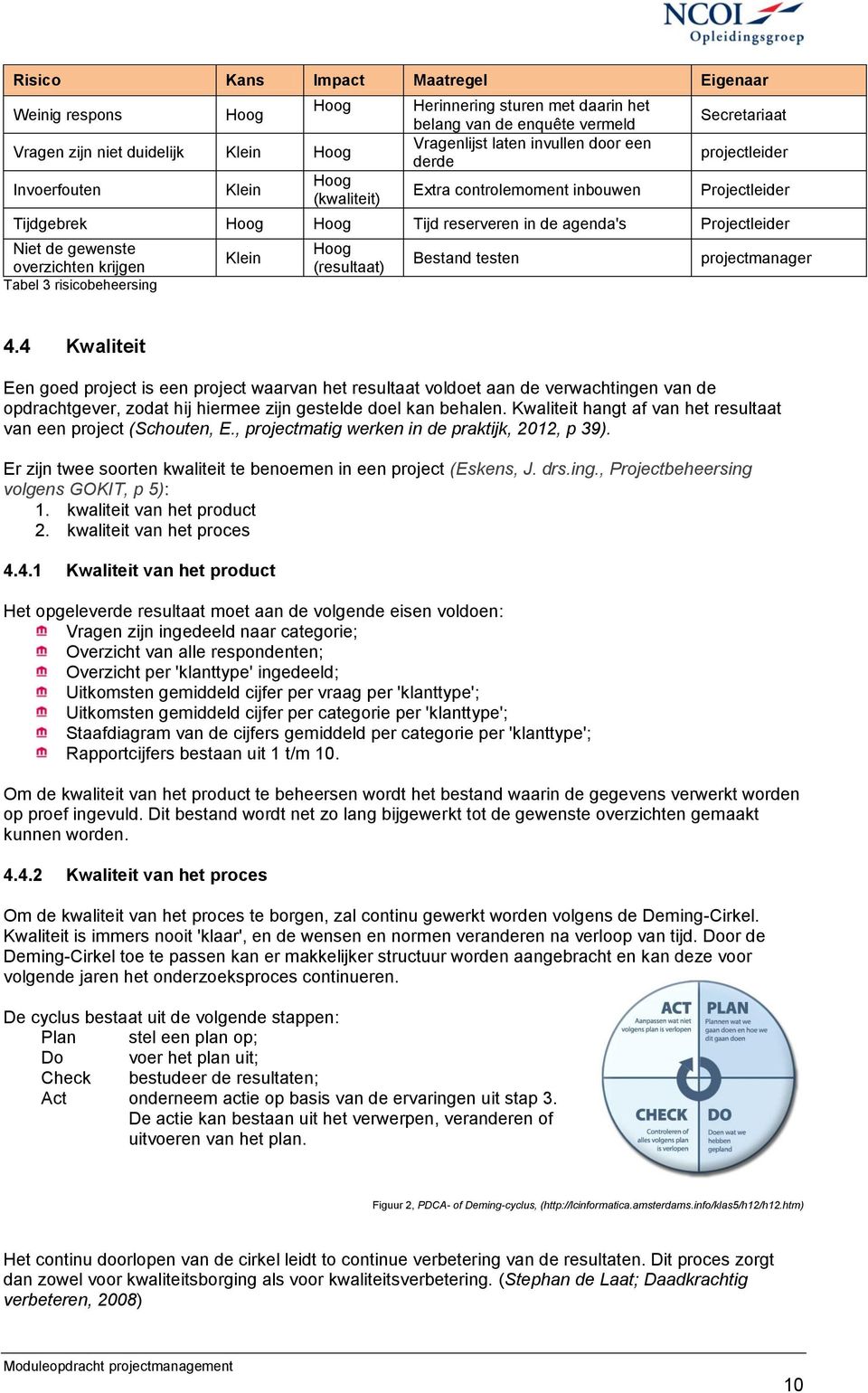 Tabel 3 risicobeheersing Klein Hoog (resultaat) Bestand testen projectmanager 4.