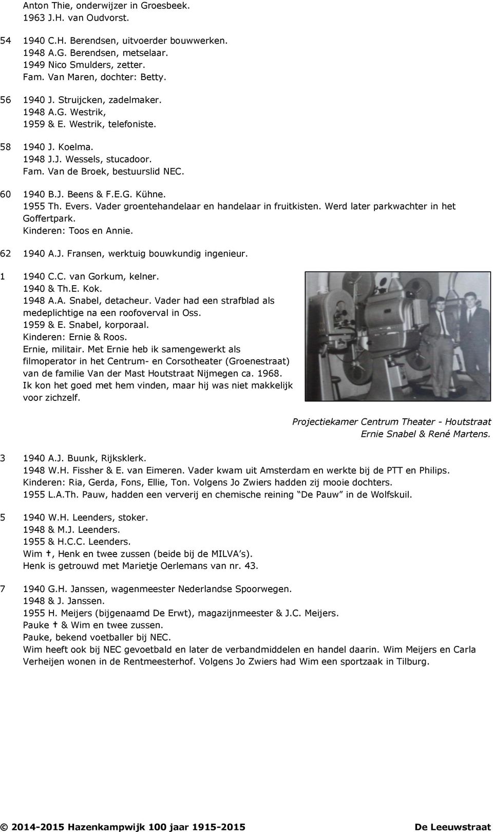 1955 Th. Evers. Vader groentehandelaar en handelaar in fruitkisten. Werd later parkwachter in het Goffertpark. Kinderen: Toos en Annie. 62 1940 A.J. Fransen, werktuig bouwkundig ingenieur. 1 1940 C.