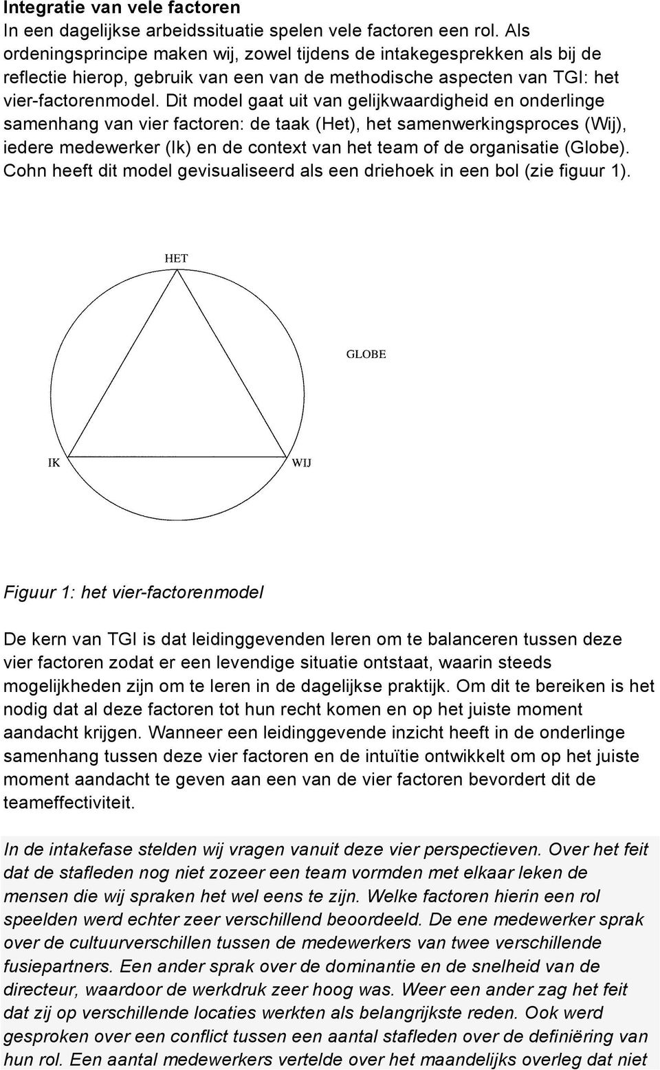 Dit model gaat uit van gelijkwaardigheid en onderlinge samenhang van vier factoren: de taak (Het), het samenwerkingsproces (Wij), iedere medewerker (Ik) en de context van het team of de organisatie