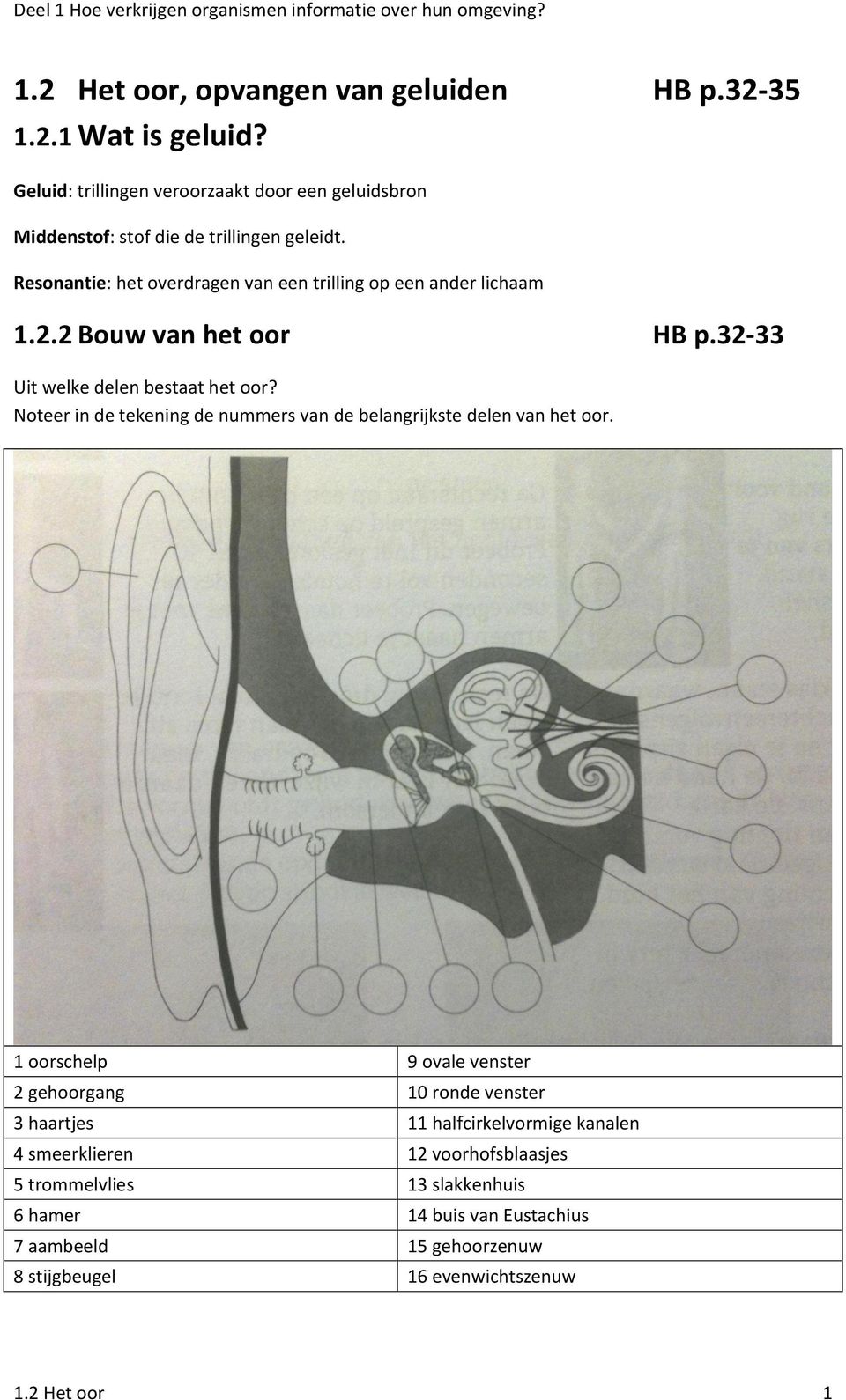 Resonantie: het overdragen van een trilling op een ander lichaam 1.2.2 Bouw van het oor HB p.32-33 Uit welke delen bestaat het oor?