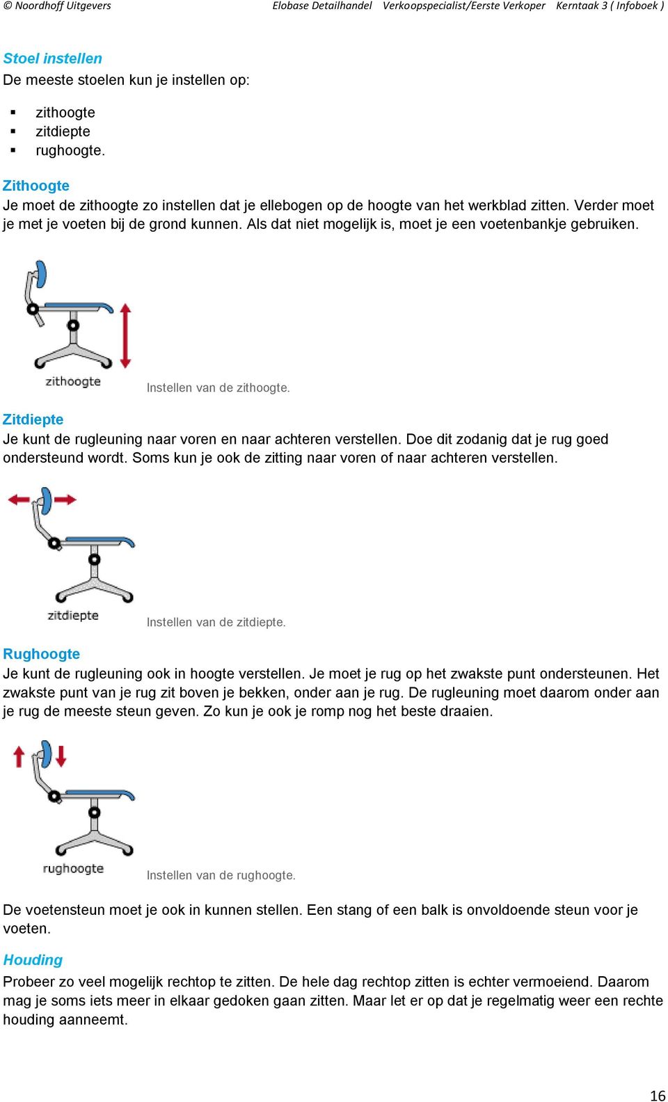 Zitdiepte Je kunt de rugleuning naar voren en naar achteren verstellen. Doe dit zodanig dat je rug goed ondersteund wordt. Soms kun je ook de zitting naar voren of naar achteren verstellen.