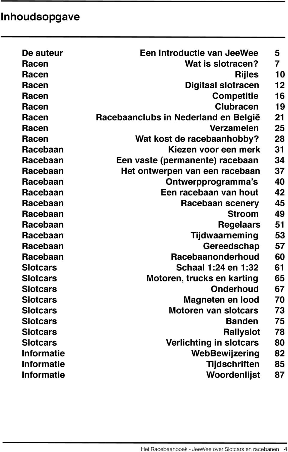 28 Racebaan Kiezen voor een merk 31 Racebaan Een vaste (permanente) racebaan 34 Racebaan Het ontwerpen van een racebaan 37 Racebaan Ontwerpprogramma s 40 Racebaan Een racebaan van hout 42 Racebaan