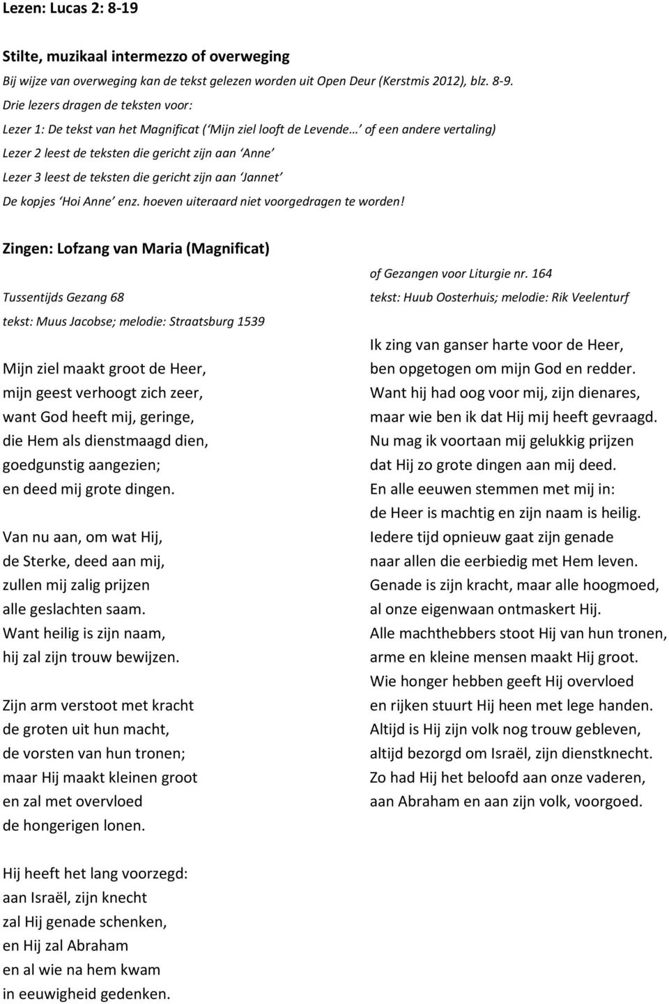 teksten die gericht zijn aan Jannet De kopjes Hoi Anne enz. hoeven uiteraard niet voorgedragen te worden! Zingen: Lofzang van Maria (Magnificat) of Gezangen voor Liturgie nr.