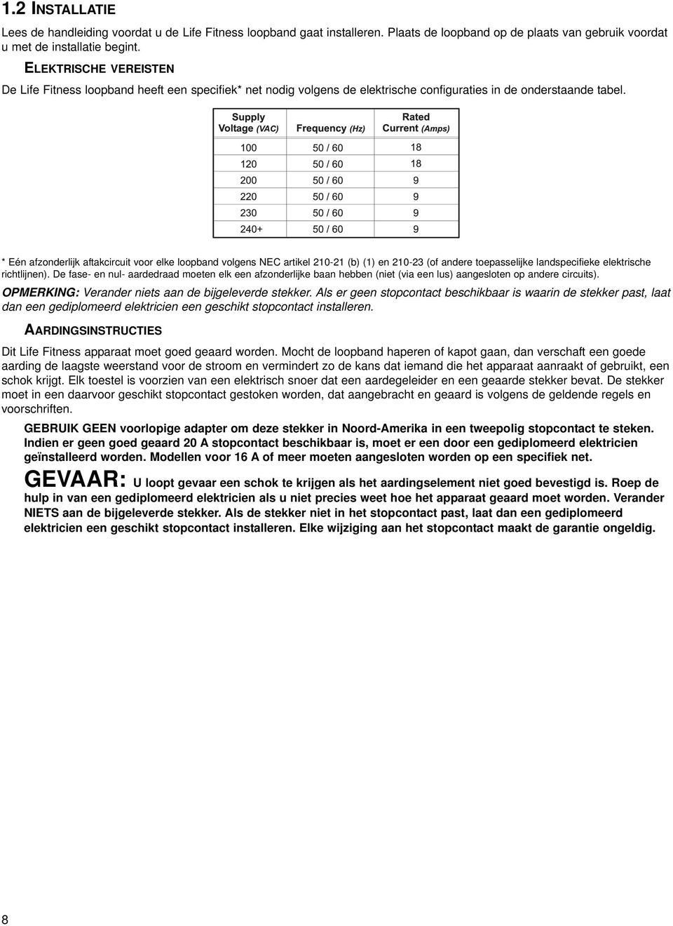 * Eén afzonderlijk aftakcircuit voor elke loopband volgens NEC artikel 210-21 (b) (1) en 210-23 (of andere toepasselijke landspecifieke elektrische richtlijnen).