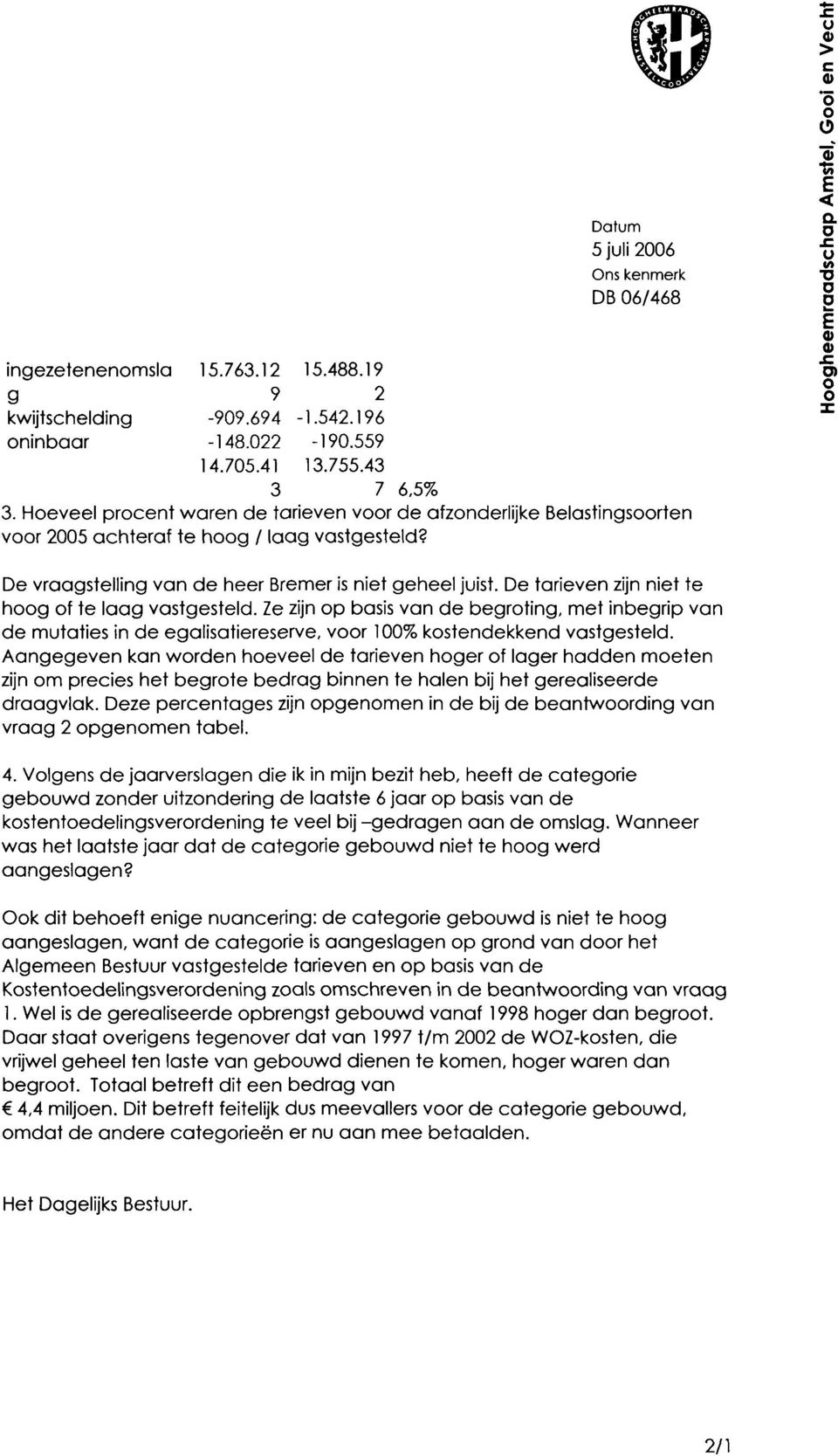 c u v> D O O E 0) 0) JZ O) o De vraagstelling van de heer Bremer is niet geheel juist. De tarieven zijn niet te hoog of te laag vastgesteld.