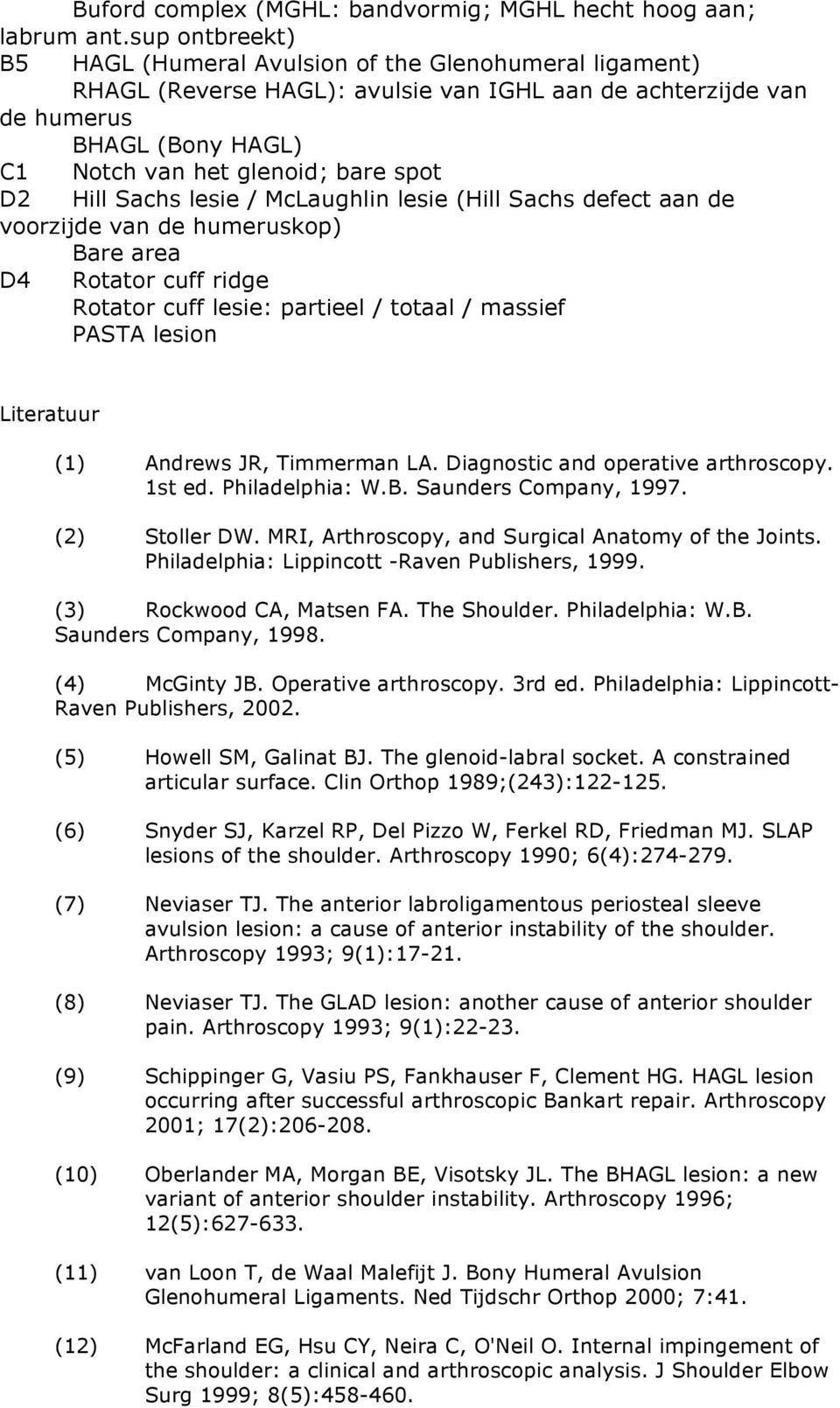 D2 Hill Sachs lesie / McLaughlin lesie (Hill Sachs defect aan de voorzijde van de humeruskop) Bare area D4 Rotator cuff ridge Rotator cuff lesie: partieel / totaal / massief PASTA lesion Literatuur