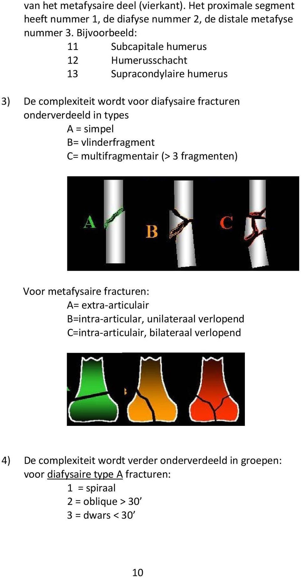types A = simpel B= vlinderfragment C= multifragmentair (> 3 fragmenten) Voor metafysaire fracturen: A= extra-articulair B=intra-articular, unilateraal