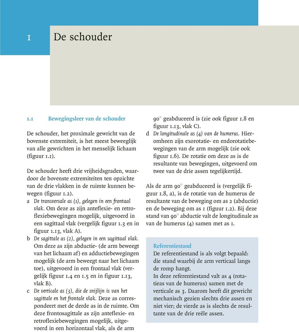 a De transversale as (1), gelegen in een frontaal vlak. Om deze as zijn anteflexie- en retroflexiebewegingen mogelijk, uitgevoerd in een sagittaal vlak (vergelijk figuur 1.3 en in figuur 1.