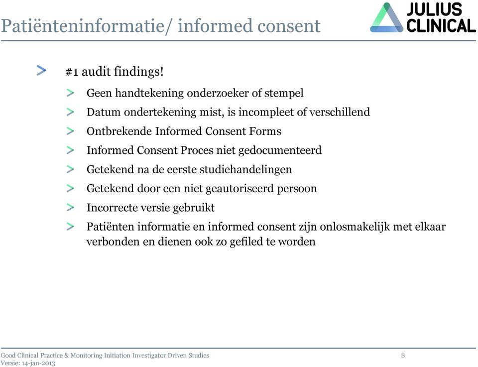 Informed Consent Forms Informed Consent Proces niet gedocumenteerd Getekend na de eerste studiehandelingen Getekend