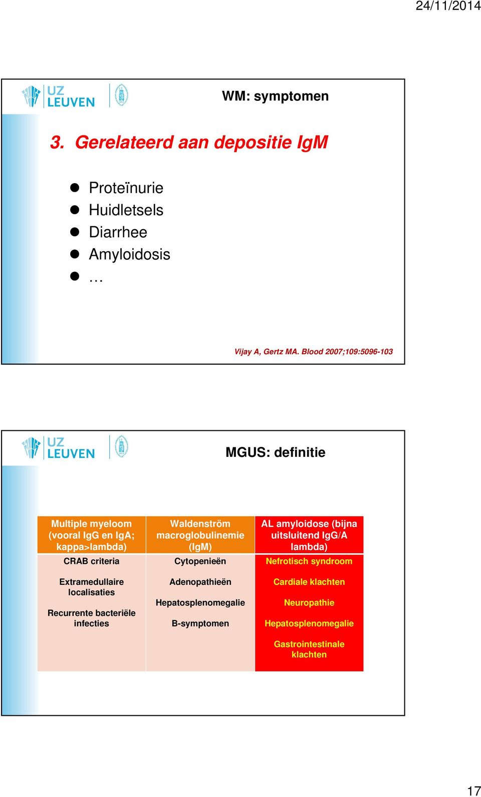 localisaties Recurrente bacteriële infecties Waldenström macroglobulinemie (IgM) Cytopenieën Adenopathieën Hepatosplenomegalie