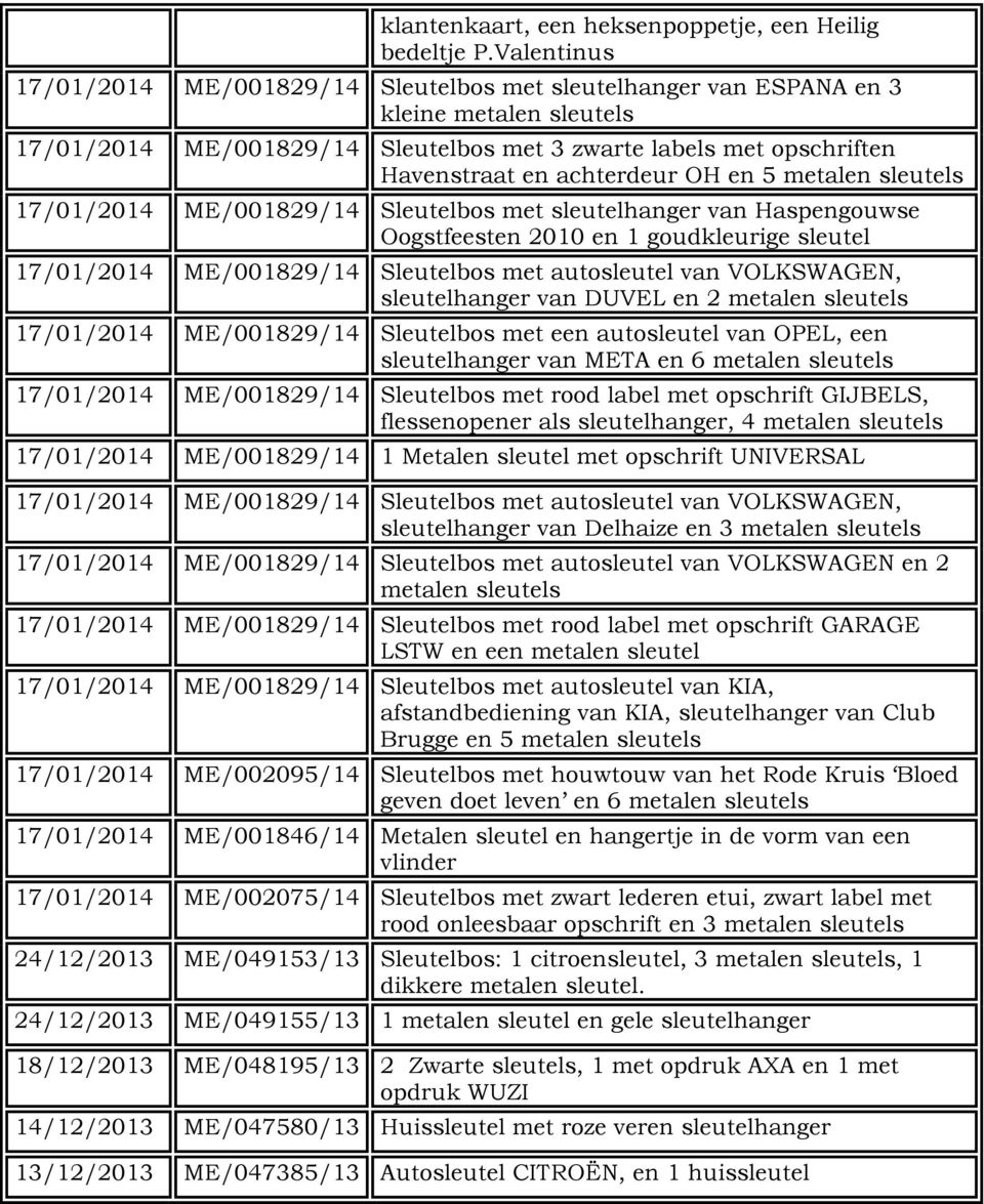 achterdeur OH en 5 metalen sleutels 17/01/2014 ME/001829/14 Sleutelbos met sleutelhanger van Haspengouwse Oogstfeesten 2010 en 1 goudkleurige sleutel 17/01/2014 ME/001829/14 Sleutelbos met