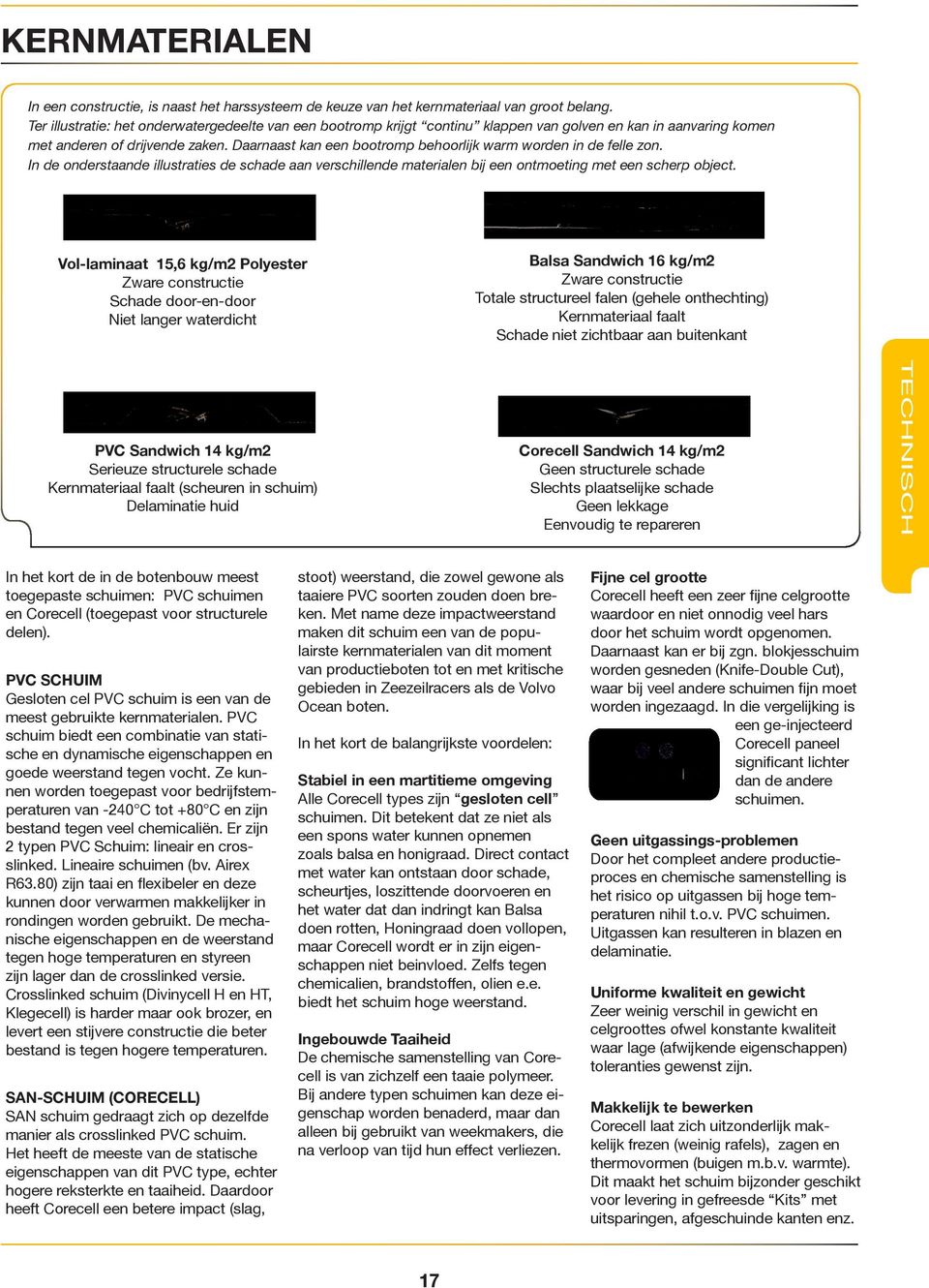 Daarnaast kan een bootromp behoorlijk warm worden in de felle zon. In de onderstaande illustraties de schade aan verschillende materialen bij een ontmoeting met een scherp object.