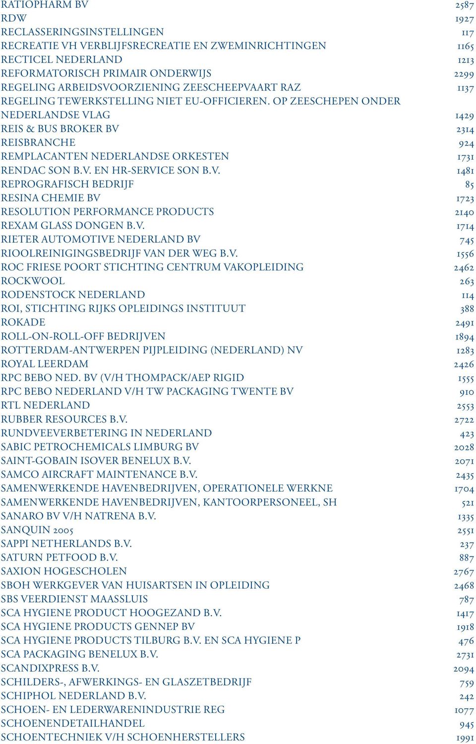 OP ZEESCHEPEN ONDER NEDERLANDSE VLAG 1429 REIS & BUS BROKER BV 2314 REISBRANCHE 924 REMPLACANTEN NEDERLANDSE ORKESTEN 1731 RENDAC SON B.V. EN HR-SERVICE SON B.V. 1481 REPROGRAFISCH BEDRIJF 85 RESINA CHEMIE BV 1723 RESOLUTION PERFORMANCE PRODUCTS 2140 REXAM GLASS DONGEN B.