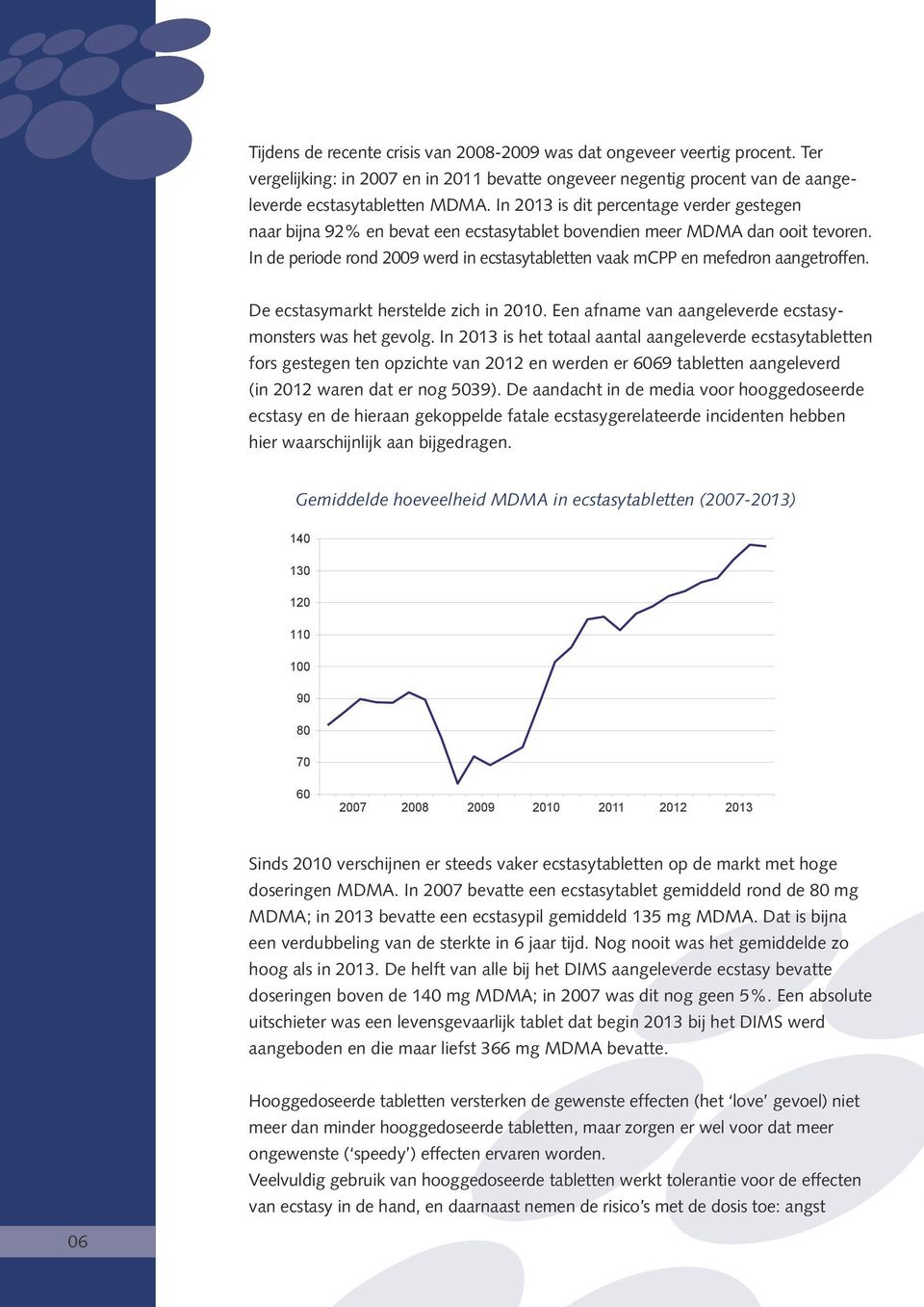 In de periode rond 2009 werd in ecstasytabletten vaak mcpp en mefedron aangetroffen. De ecstasymarkt herstelde zich in 2010. Een afname van aangeleverde ecstasymonsters was het gevolg.