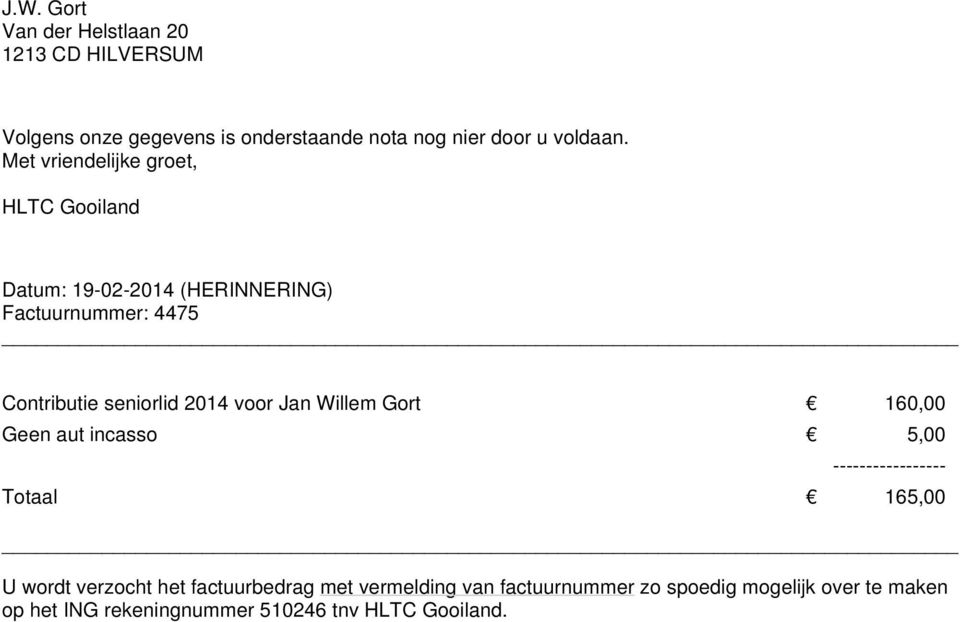 seniorlid 2014 voor Jan Willem Gort 160,00 Geen aut