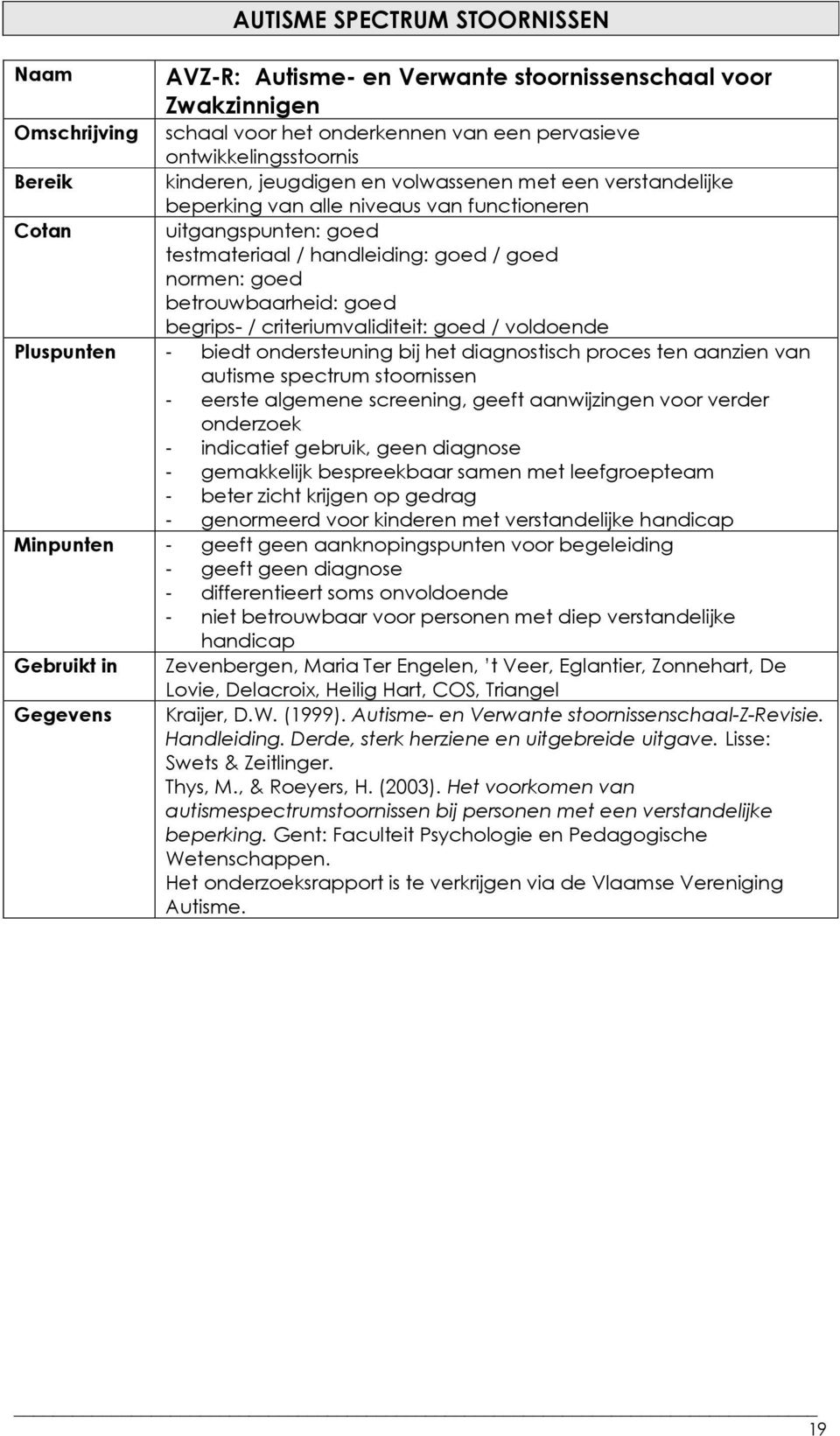 begrips- / criteriumvaliditeit: goed / voldoende Pluspunten - biedt ondersteuning bij het diagnostisch proces ten aanzien van autisme spectrum stoornissen - eerste algemene screening, geeft