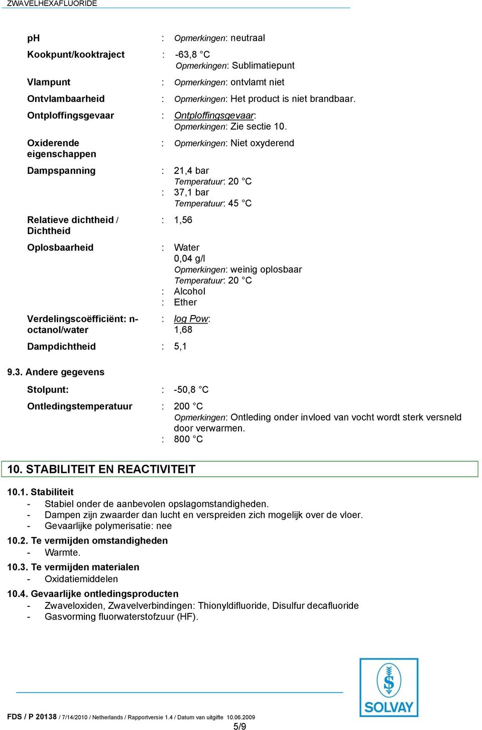 Oxiderende : Opmerkingen: Niet oxyderend eigenschappen Dampspanning : 21,4 bar Temperatuur: 20 C : 37,1 bar Temperatuur: 45 C Relatieve dichtheid / : 1,56 Dichtheid Oplosbaarheid : Water 0,04 g/l