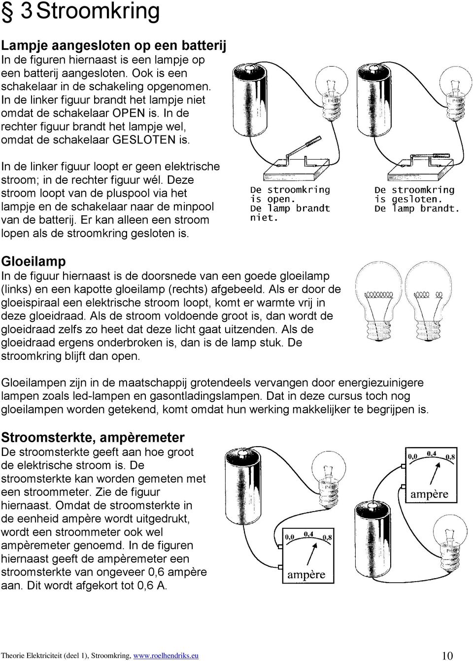 In de linker figuur loopt er geen elektrische stroom; in de rechter figuur wél. Deze stroom loopt van de pluspool via het lampje en de schakelaar naar de minpool van de batterij.