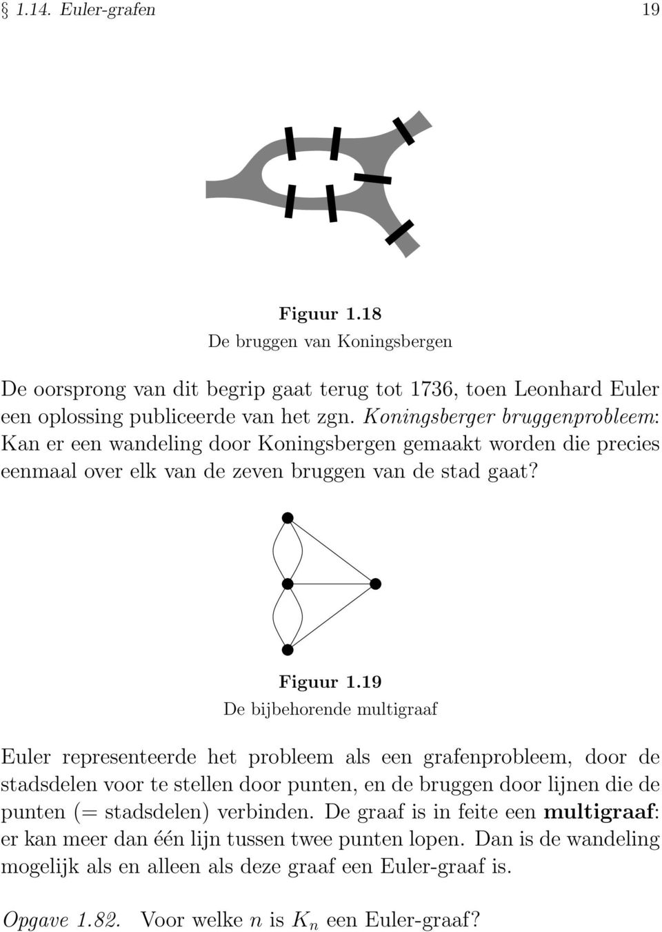 9 De bijbehorende multigraaf Euler representeerde het probleem als een grafenprobleem, door de stadsdelen voor te stellen door punten, en de bruggen door lijnen die de punten (=