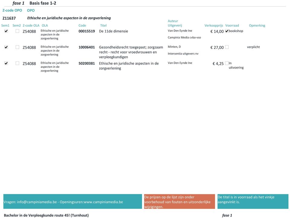 juridische aspecten in de zorgverlening 10006401 Gezondheidsrecht toegepast; zorgzaam recht recht voor vroedvrouwen en verpleegkundigen 50200381 Ethische