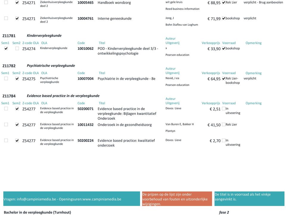 verpleegkunde Z54275 Psychiatrische 10007004 Psychiatrie in de verpleegkunde 8e Nevid, J ea 64,95 Rek Lier verpleegkunde Pearson education Z11784 Evidence based practice in de verpleegkunde Z54277