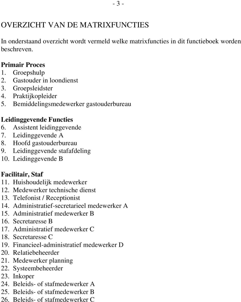 Leidinggevende stafafdeling 10. Leidinggevende B Facilitair, Staf 11. Huishoudelijk medewerker 12. Medewerker technische dienst 13. Telefonist / Receptionist 14.