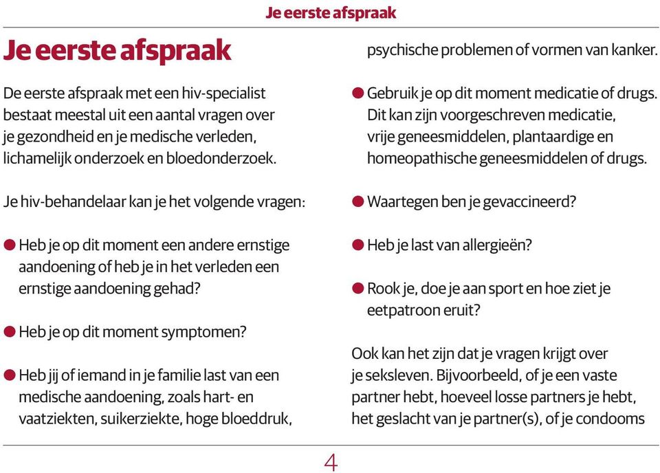 Je hiv-behandelaar kan je het volgende vragen: OOHeb je op dit moment een andere ernstige aandoening of heb je in het verleden een ernstige aandoening gehad? OOHeb je op dit moment symptomen?