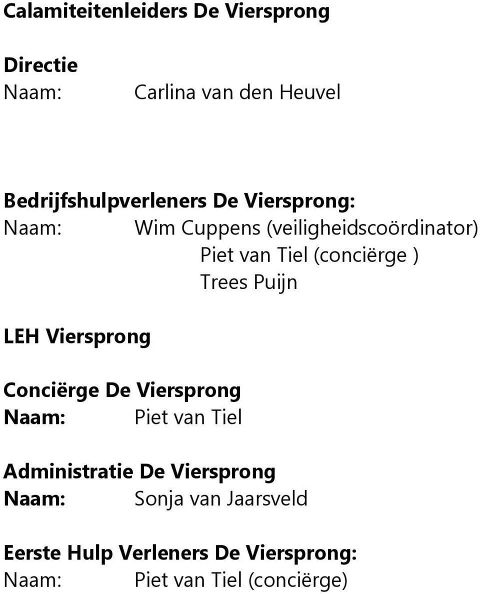 Tiel (conciërge ) Trees Puijn LEH Viersprong Conciërge De Viersprong Naam: Piet van Tiel