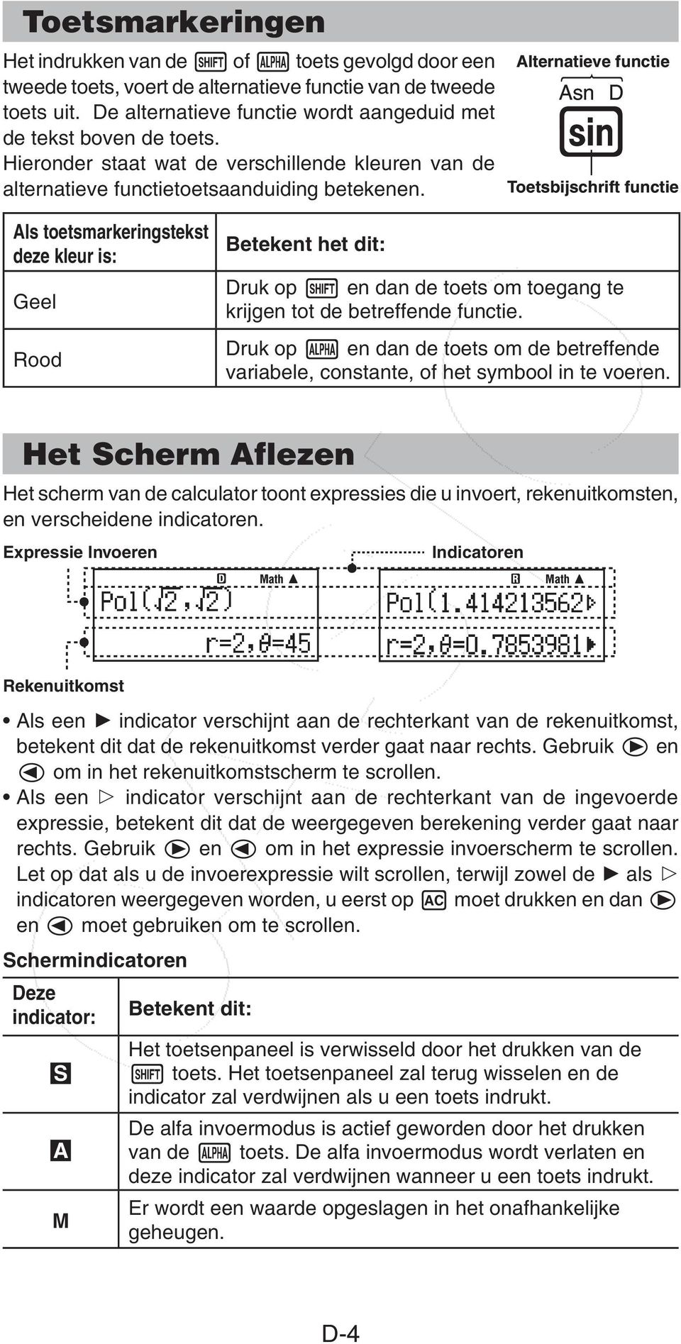 Alternatieve functie Asn D s Toetsbijschrift functie Als toetsmarkeringstekst deze kleur is: Geel Rood Betekent het dit: Druk op en dan de toets om toegang te krijgen tot de betreffende functie.