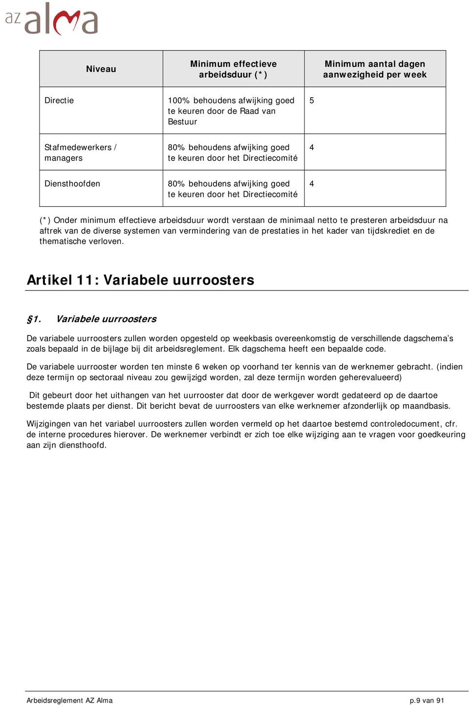 minimaal netto te presteren arbeidsduur na aftrek van de diverse systemen van vermindering van de prestaties in het kader van tijdskrediet en de thematische verloven.