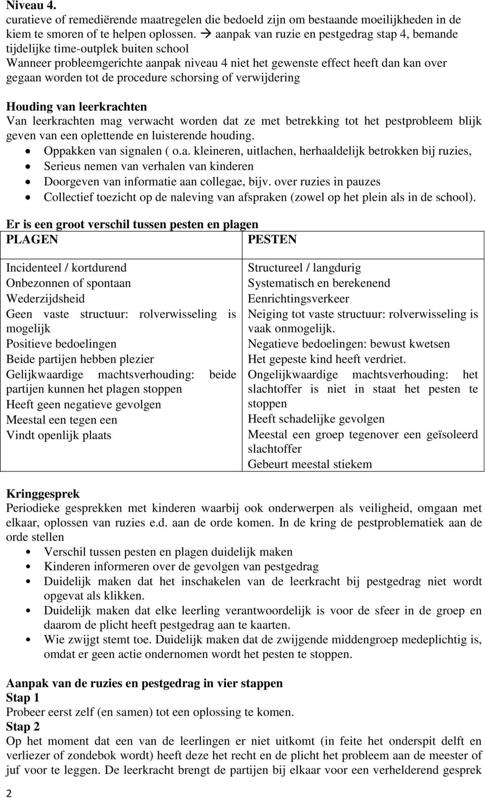 procedure schorsing of verwijdering Houding van leerkrachten Van leerkrachten mag verwacht worden dat ze met betrekking tot het pestprobleem blijk geven van een oplettende en luisterende houding.