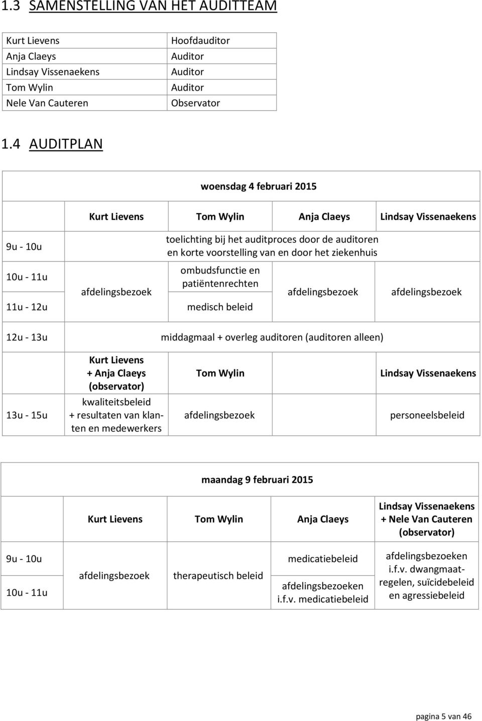 ziekenhuis 10u - 11u afdelingsbezoek ombudsfunctie en patiëntenrechten afdelingsbezoek afdelingsbezoek 11u - 12u medisch beleid 12u - 13u middagmaal + overleg auditoren (auditoren alleen) Kurt