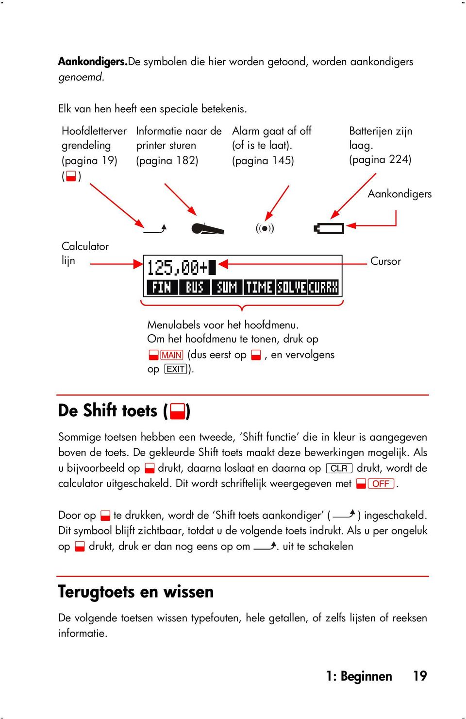 (pagina 224) Aankondigers Calculator lijn Cursor Menulabels voor het hoofdmenu. Om het hoofdmenu te tonen, druk op @A (dus eerst op @, en vervolgens op e ).