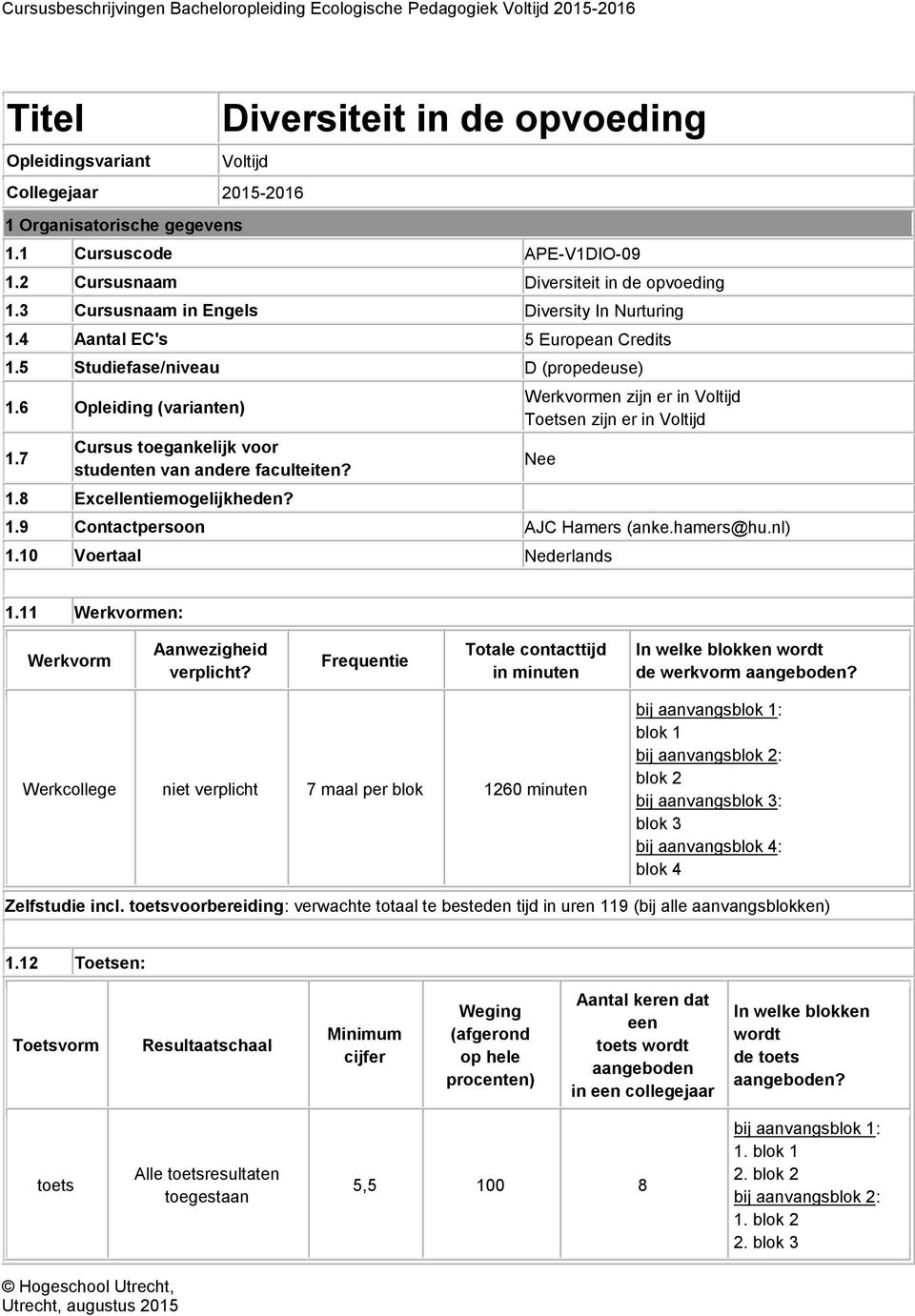 7 Cursus toegankelijk voor studenten van andere faculteiten? 1.8 Excellentiemogelijkheden? Werkvormen zijn er in Voltijd Toetsen zijn er in Voltijd 1.9 Contactpersoon AJC Hamers (anke.hamers@hu.