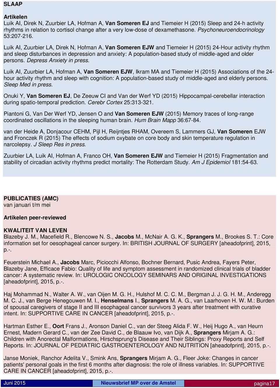 Luik AI, Zuurbier LA, Direk N, Hofman A, Van Someren EJW and Tiemeier H (2015) 24-Hour activity rhythm and sleep disturbances in depression and anxiety: A population-based study of middle-aged and