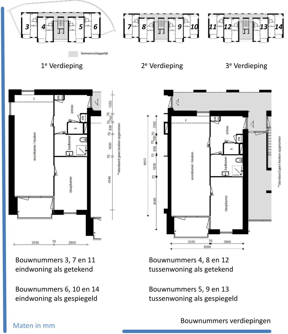 eindwoning als gespiegeld Bouwnummers 4, 8 en 12 tussenwoning als getekend