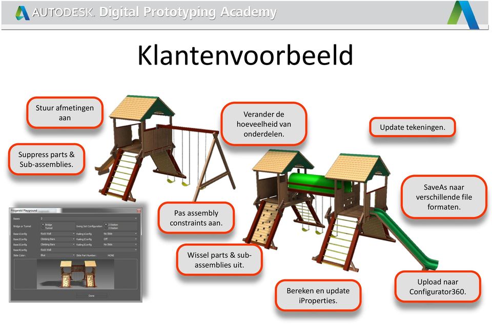 Pas assembly constraints aan. SaveAs naar verschillende file formaten.