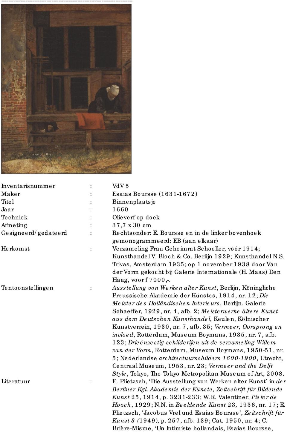 hoeller, vóór 1914; Kunsthandel V. Bloch & Co. Berlijn 1929; Kunsthandel N.S. Trivas, Amsterdam 1935; op 1 november 1938 door Van der Vorm gekocht bij Galerie Internationale (H.