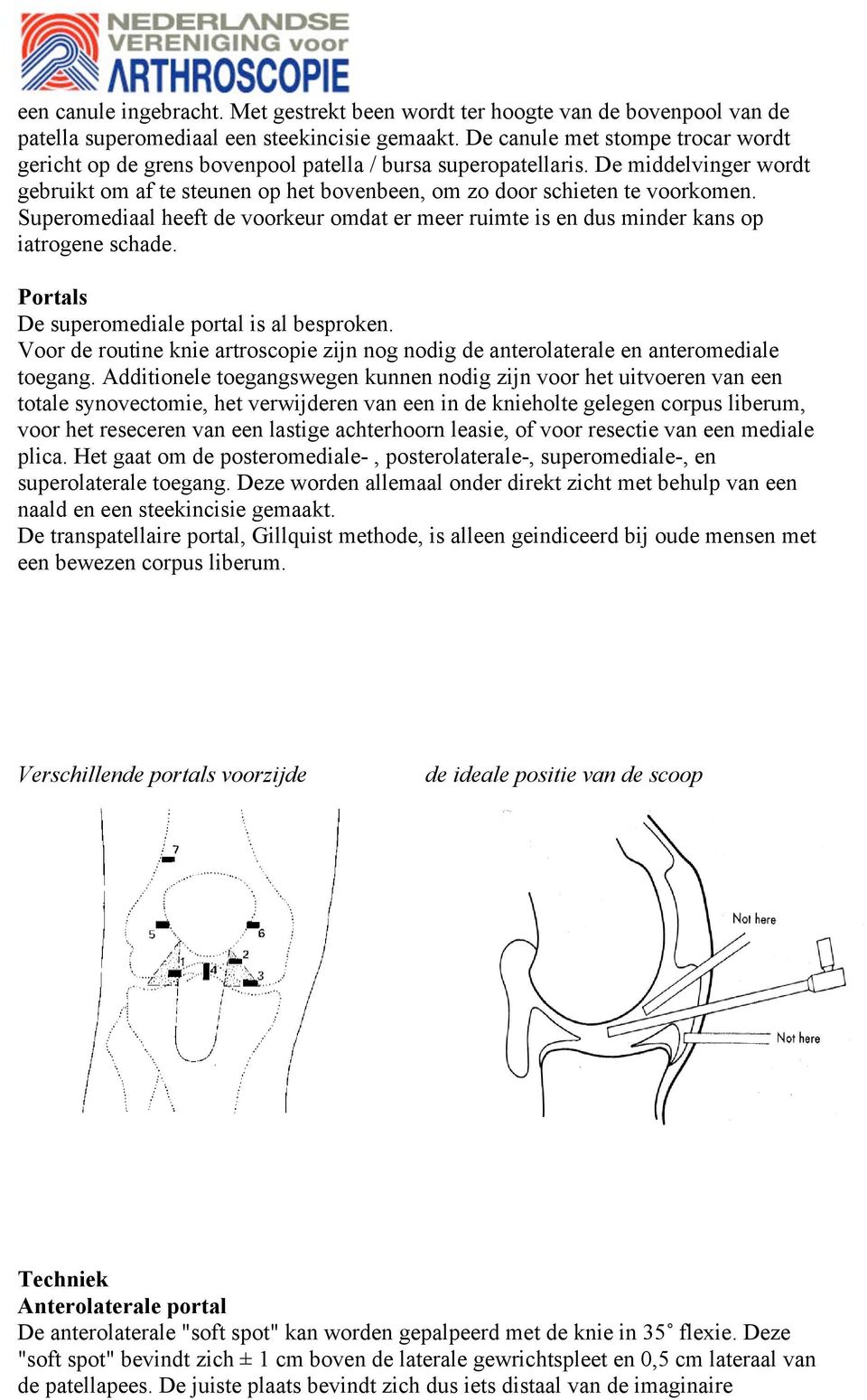 Superomediaal heeft de voorkeur omdat er meer ruimte is en dus minder kans op iatrogene schade. Portals De superomediale portal is al besproken.